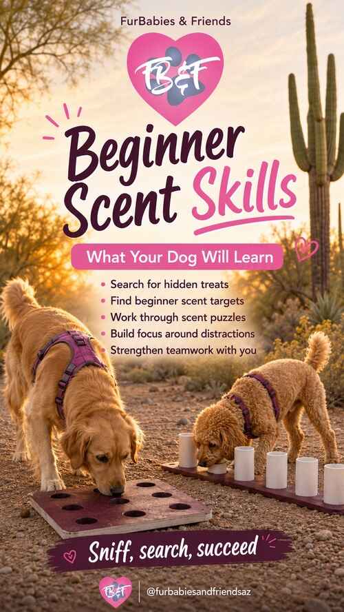 Beginner scent training class or in home training helps your dog search for hidden treats, work through problem solving skills, and improve focus around distractions.