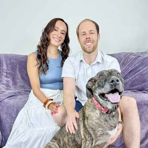 Husband and wife pose on the couch touching their senior brindled pitbull during end of life dog photoshoot in Glendale, AZ.