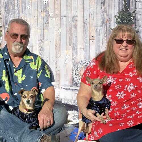 Family poses with their two chihuahuas for a family holiday photoshoot in Glendale, AZ.