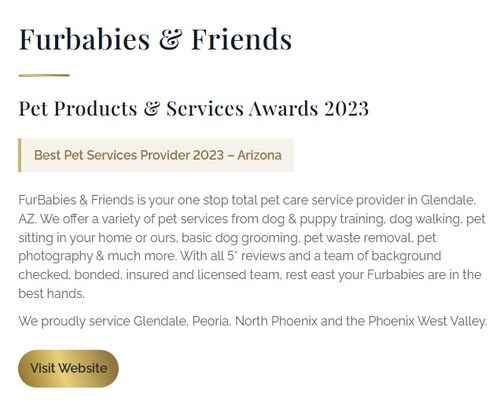 FurBabies & Friends LUXlife Best Pet Services Provider 2023 Arizona award
