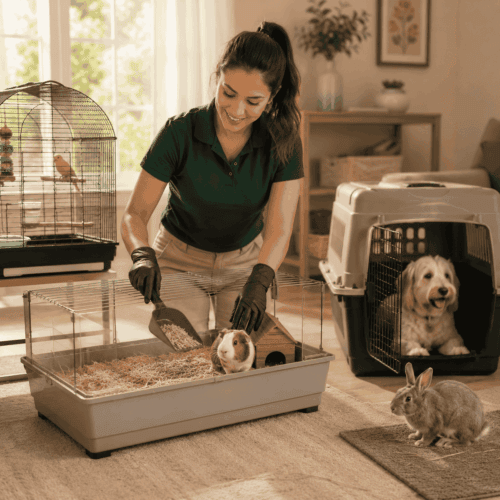 FurBabies & Friends team member performing a pet cage cleaning service in Glendale, AZ.