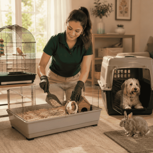 FurBabies & Friends team member performing a pet cage cleaning service in Glendale, AZ.