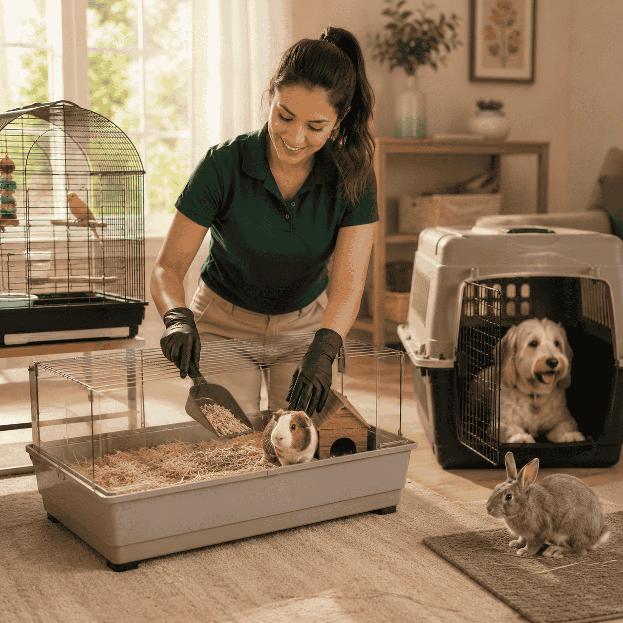 FurBabies & Friends team member performing a pet cage cleaning service in Glendale, AZ.