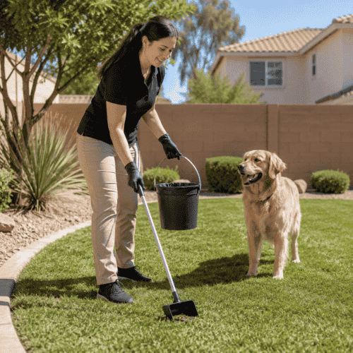 FurBabies & Friends pet sitter providing waste removal services for a golden retrievers back yard in Glendale, AZ.