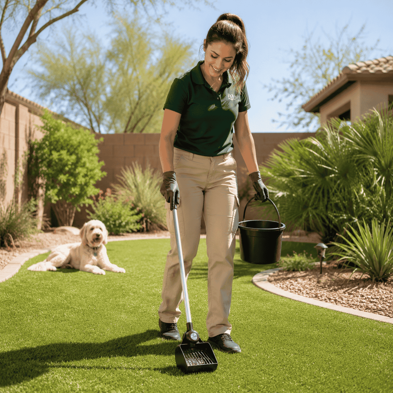 FurBabies & Friends cleaning up yard waste as a goldendoodle supervises in Glendale, AZ