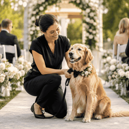 FurBabies & Friends tending to a golden retriever as part of a wedding pet attendant service in Phoenix, AZ.