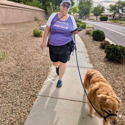 FurBabies & Friends dog walker, Sherri, enjoying her neighborhood walk with Jazzy the golden retriever in Glendale, AZ.