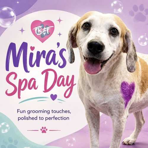 A white-and-tan Beagle mix shows a heart decoration after receiving a pawdicure during a bath and nail-trim service.