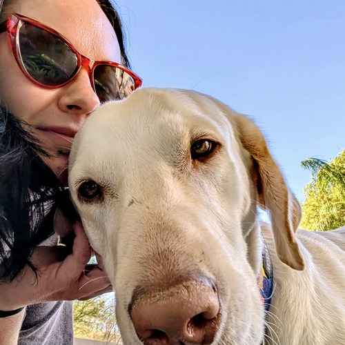 A FurBabies & Friends pet sitter gives a large white-and-tan dog extra love and attention while cuddling outdoors during a pet-sitting visit.