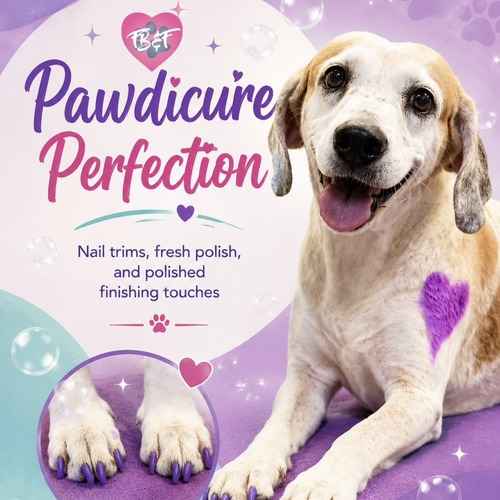 Pawdicture Perfection grooming graphic featuring polished purple dog nails.