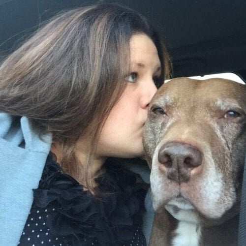 Kristie Halverson, owner Furbabies & Friends, kisses a brown pitbull named Nala on the head during an end of life pet photography session.
