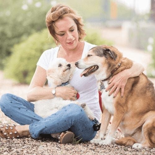 Furbabies & Friends 2022 Fall Family Photoshoot pet parent and her two dog during her professional family photo shoot in Glendale, AZ.