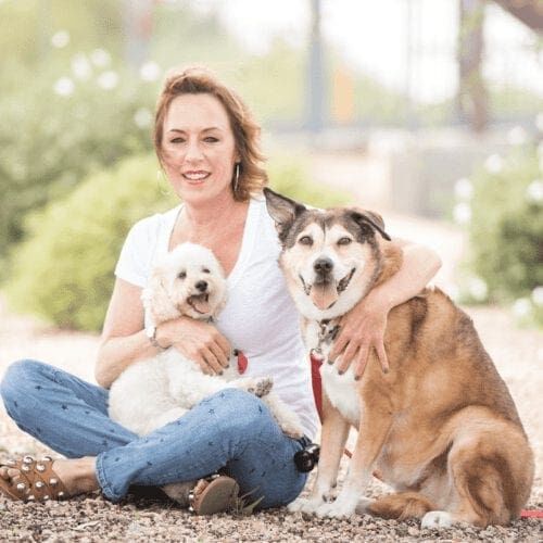 Furbabies & Friends 2022 Fall Family Photoshoot pet parent and her two dog during her professional family photo shoot in Glendale, AZ.