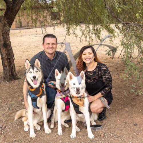 Furbabies & Friends 2022 Fall Family Photoshoot pet parents and their three huskies get professional cute photos in Glendale, AZ.