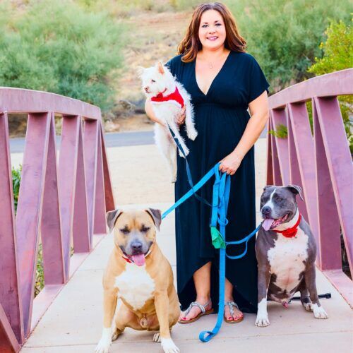 Positive reinforcement dog trainer, Kristie Halverson, owner of Furbabies & Friends and her 3 dogs during a professional family photo shoot in Glendale, AZ.