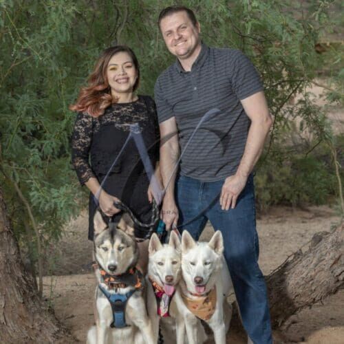 Furbabies & Friends 2022 Fall Family Photoshoot pet parents and their three huskies get professional cute photos in Glendale, AZ.