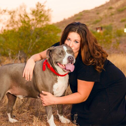 Positive reinforcement dog trainer, Kristie Halverson, owner of Furbabies & Friends and her grey XL bully Mix Baloo during a professional pet photography session.
