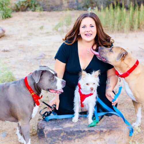 Positive reinforcement dog trainer, Kristie Halverson, owner of Furbabies & Friends and her 3 dogs during a professional family photo shoot in Glendale, AZ.
