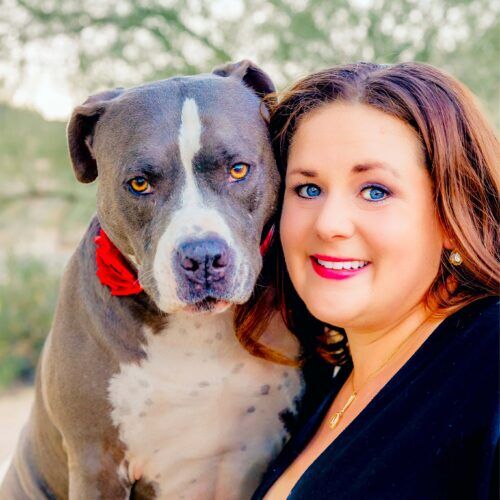 Positive reinforcement dog trainer, Kristie Halverson, owner of Furbabies & Friends and her grey XL bully Mix Baloo during a professional pet photography session.