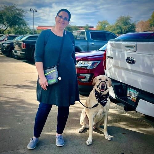 Happy pet parent and her yellow lab for dog group obedience class graduation with FurBabies & Friends in Glendale, AZ.