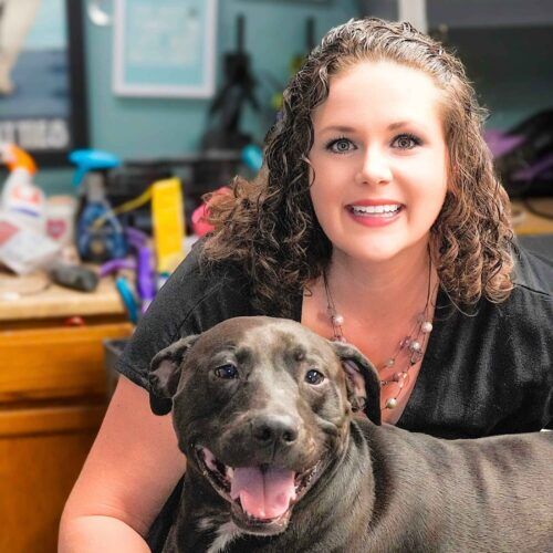 Dog trainer Kristie Halverson and her black American Pitbull Terrier and training demonstration dog Apollo. Dog trainer Kristie Halverson and her black American Pitbull Terrier and training demonstration dog Apollo.