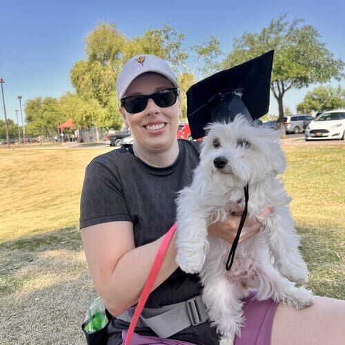 Training client Elizabeth with her maltipoo Willow after basic obedience and manners graduation with Furbabies & Friends in Glendale, AZ.