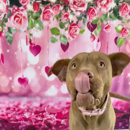 Carmella the bully mix licking lips and looking cute during a Valentine's Day photoshoot in Glendale AZ