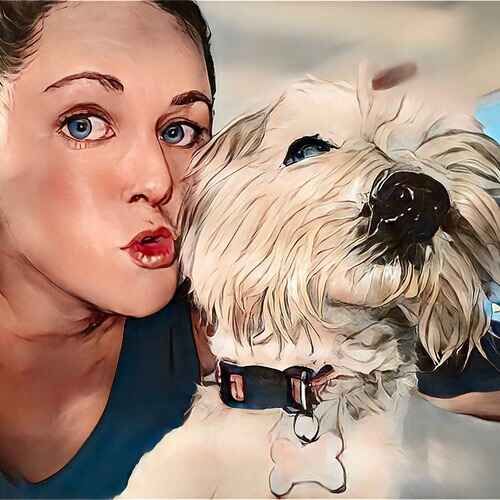 Cartoon rendition of pet sitter Kristie giving a Westie a kiss during a pet sitting visit in Arrowhead Lakes AZ