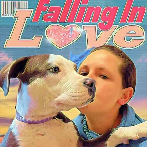 Kristie kissing Minnie the foster grey and white Pit Bull puppy