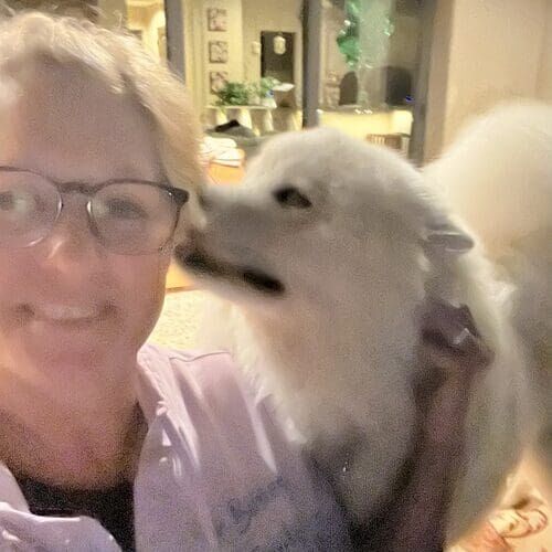 Pet sitter Aimee getting kisses from a white Samoyed during a pet sitting visit in Peoria AZ