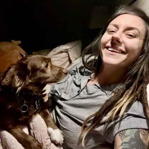 Pet sitter Brittany holding Brownie, a small brown rescue dog, during overnight in-home care in Phoenix AZ