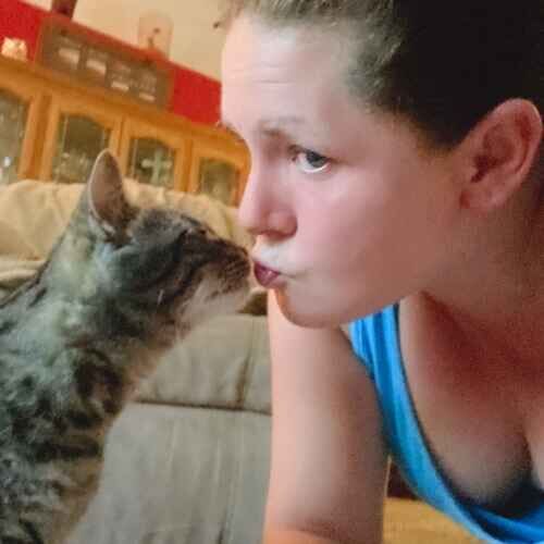 Pet sitter Kristie giving a kiss to a cat during a cat sitting visit in Phoenix AZ