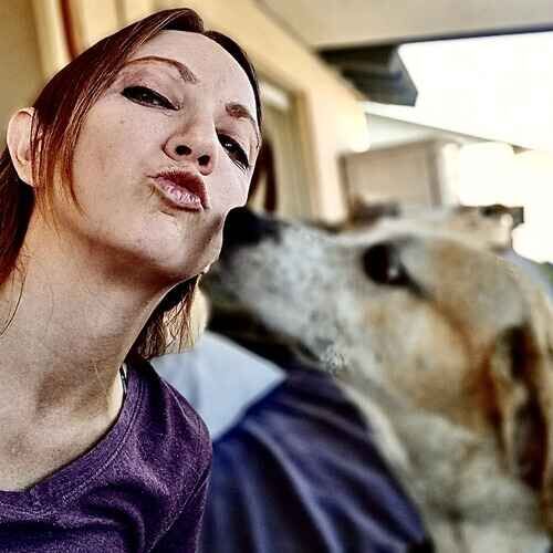 Pet sitter Sandra getting kisses from a senior yellow Lab during dog sitting visits in Phoenix AZ