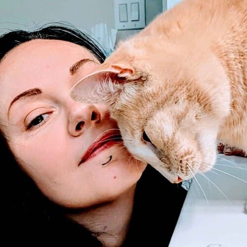 Cat sitter Becca gets nuzzled by an orange cat during overnight pet sitting in Surprise, AZ