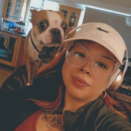 Dog sitter Nina takes selfie with Boston Terrier Butters during dog sitting in Glendale, AZ
